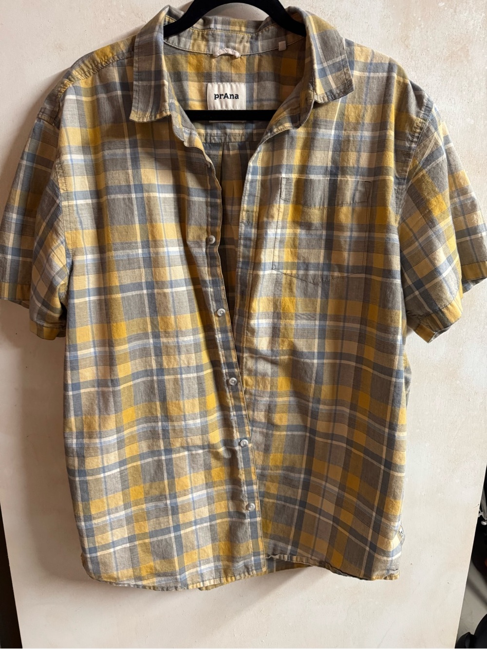 Prana Yellow and Gray Plaid Short-Sleeve Button-Up Shirt